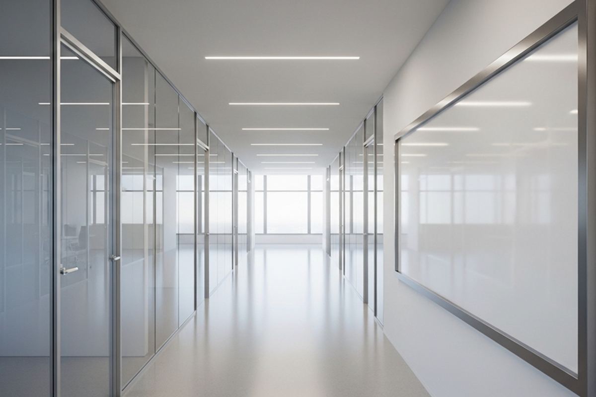 Clean office corridor with glass walls and polished floors