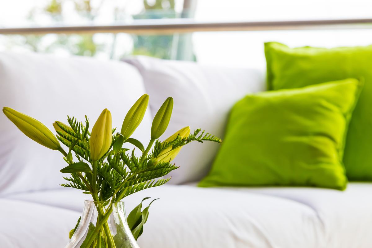 Clean white sofa with green pillows and fresh flowers in a bright home